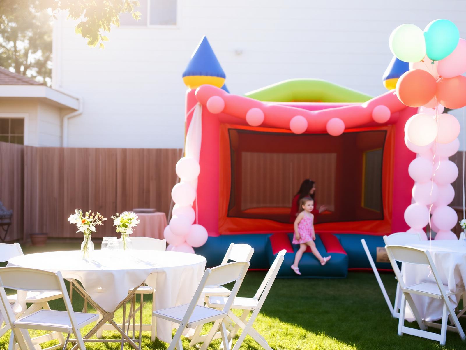 Backyard family party with a bounce house, folding tables, chairs and balloons